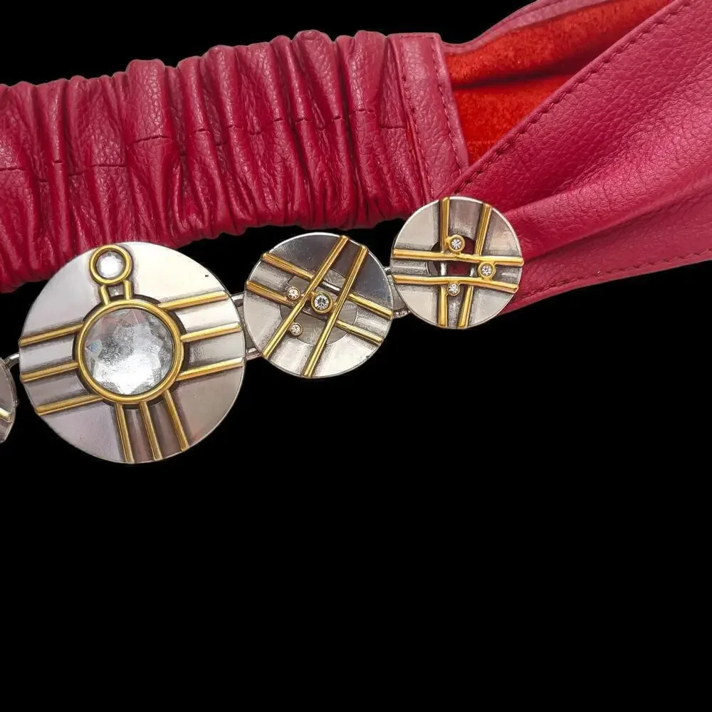 Vintage Mixed Metals Mondrian 90s Red Leather Belt Silver Gold Elastic 27-29”